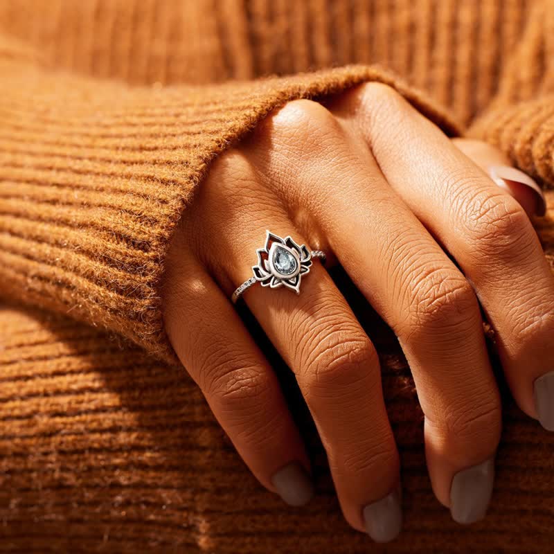 Bague goutte zircon bleu argent lotus – Léo