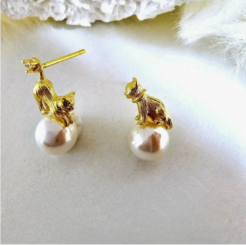 Boucles d'oreilles Perle avec Chat