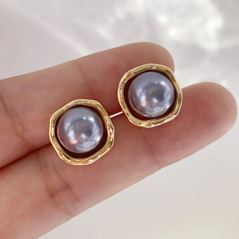 Boucles d'Oreilles Stud Perle Grise Vintage Classique