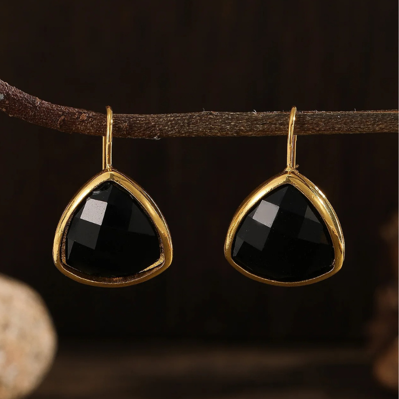 Boucles d'oreilles gouttes onyx noir plaqué or