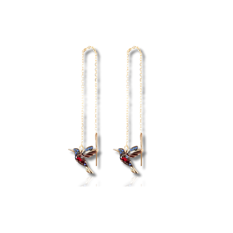 Boucles d'oreilles Pendantes Colibri en émail avec Zircon