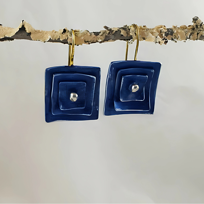 Boucles d'oreilles carrées vintage bleues plaqué or