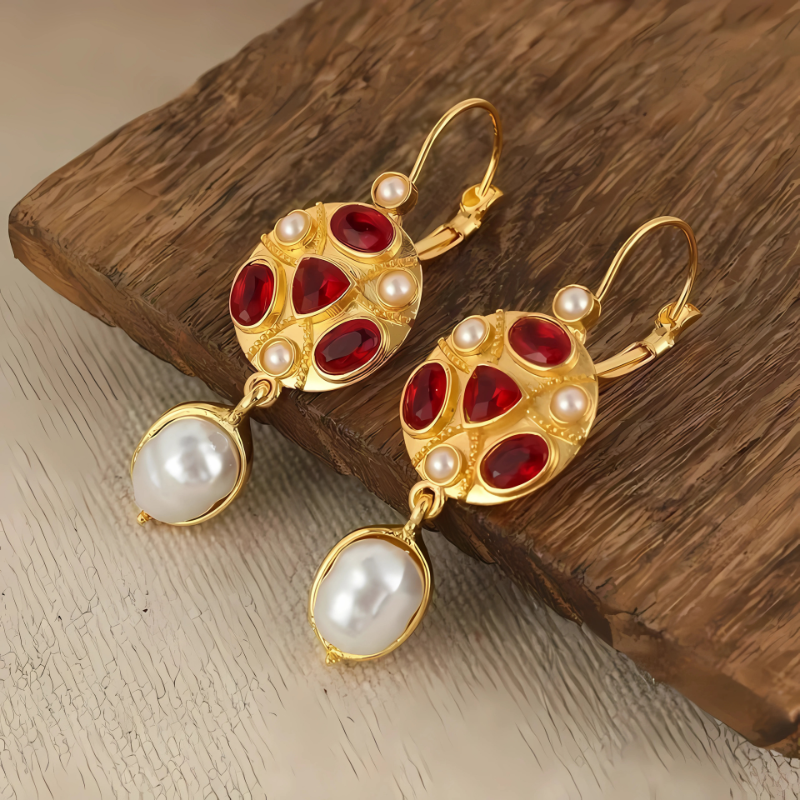 Boucles d'oreilles Goutte Dorée en Pierre Rouge