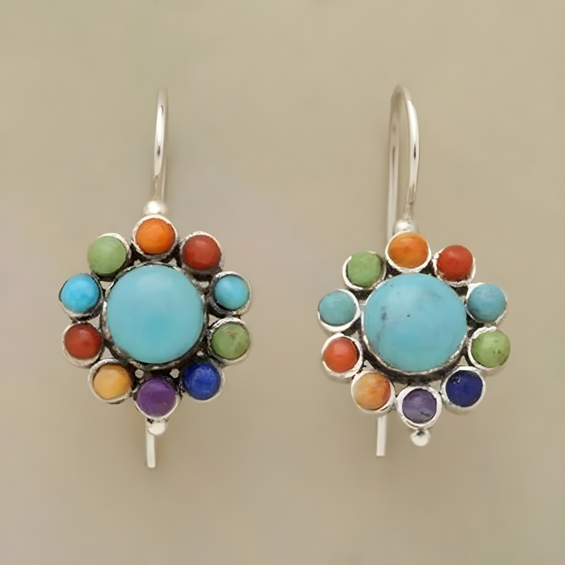 Boucles d'Oreilles en Hoops Ethniques Argentées Multicolores