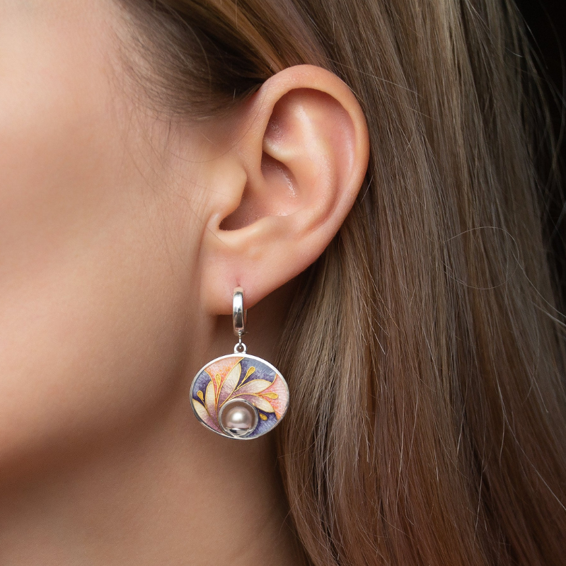 Boucles d'Oreilles en Hoops avec Pierre Résine Florale Peinte Vintage