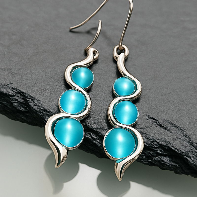 Boucles d'oreilles Pendantes en Forme de Vague avec Pierre Bleue
