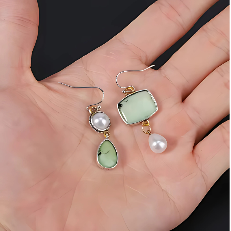 Boucles d'oreilles géométriques avec perles vertes et blanches, plaqué argent