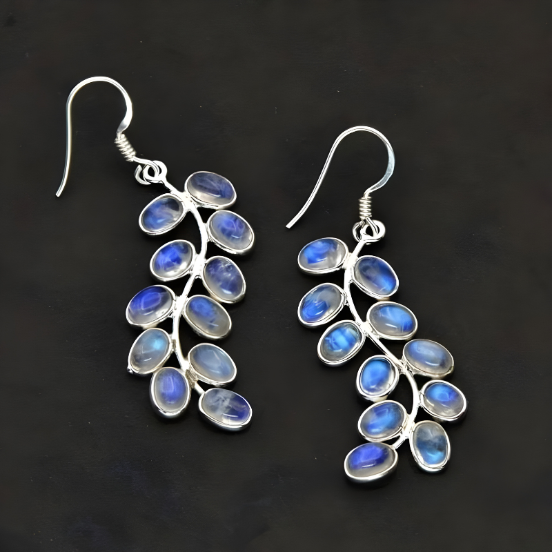 Boucles d'Oreilles Pendantes Feuilles de Plante et Pierre de Lune