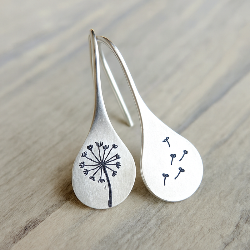Boucles d'Oreilles Pendantes Rondes Pissenlit en Argent