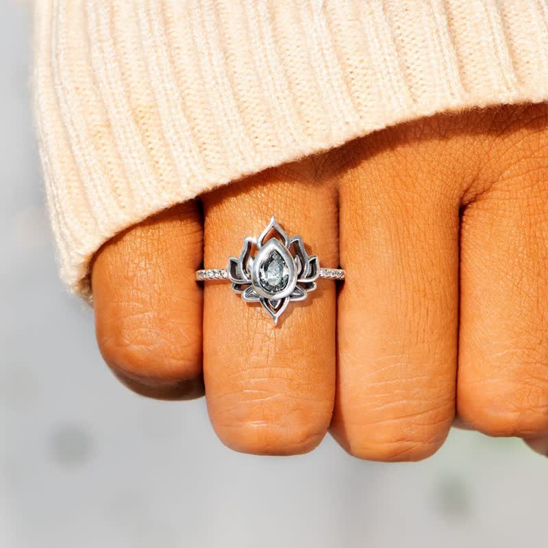 Bague goutte zircon bleu argent lotus – Léo