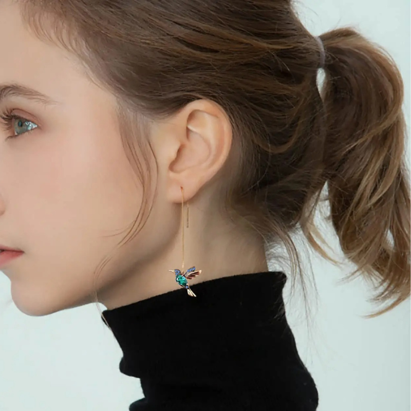 Boucles d'oreilles Pendantes Colibri en émail avec Zircon