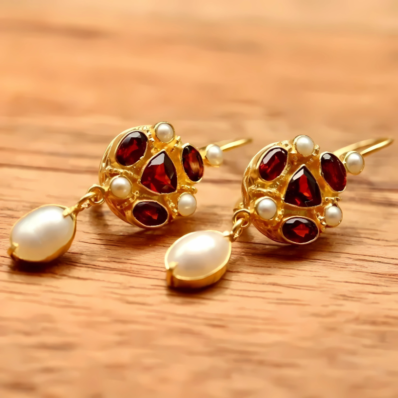 Boucles d'oreilles Goutte Dorée en Pierre Rouge