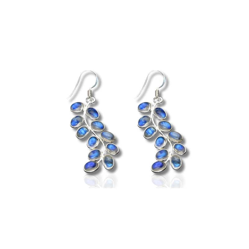 Boucles d'Oreilles Pendantes Feuilles de Plante et Pierre de Lune