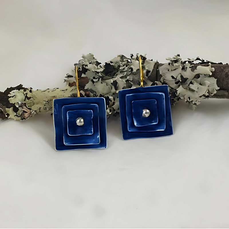Boucles d'oreilles carrées vintage bleues plaqué or