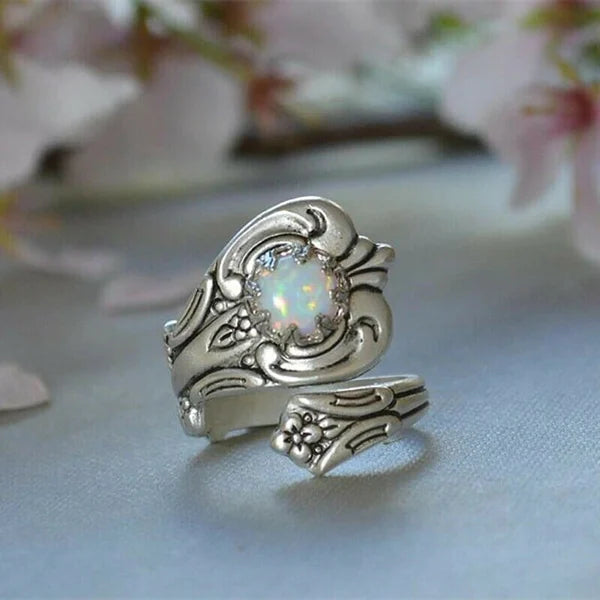 Bague ajustable argent opale blanche florale – Lila