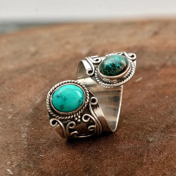 Bague ajustable turquoise argent gravée – Inès