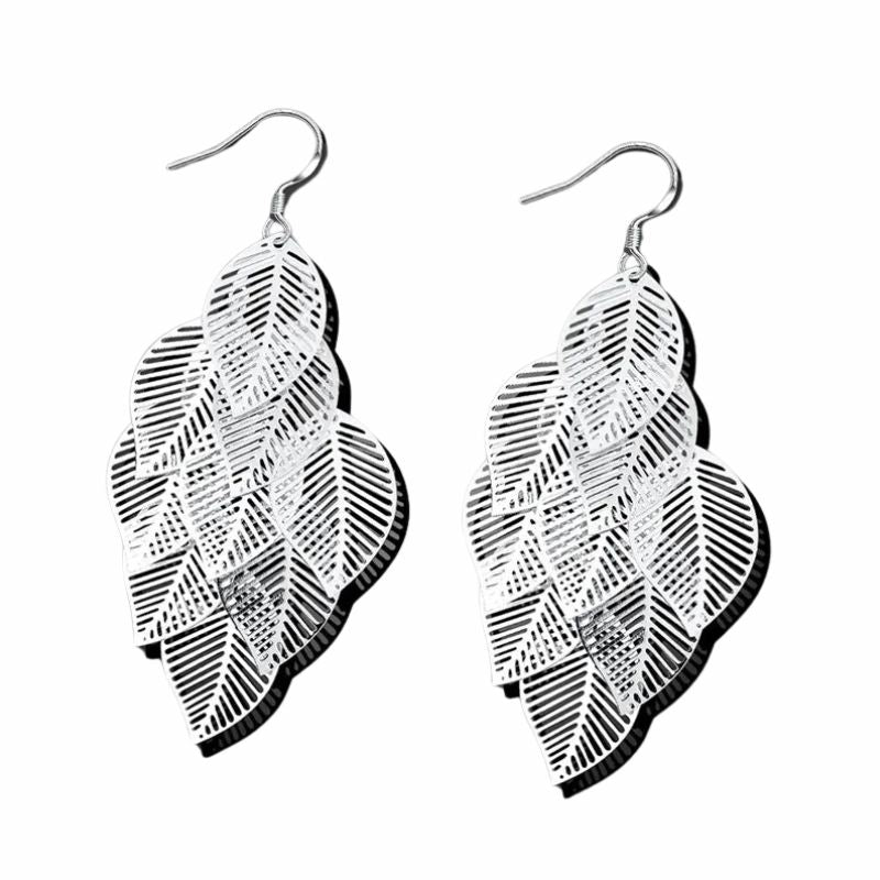 Boucles d'oreilles pendantes en feuilles plaquées argent