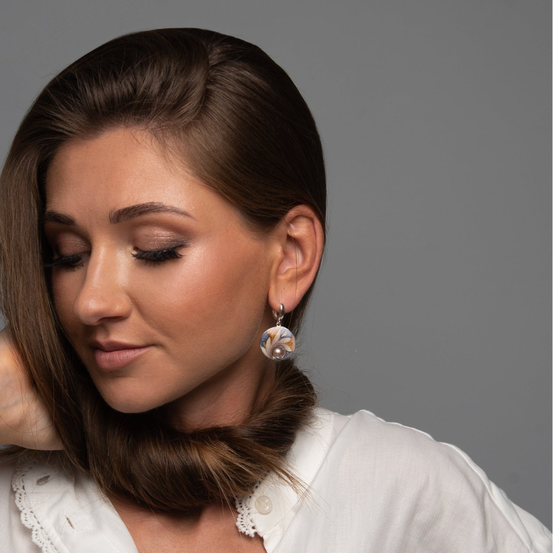 Boucles d'Oreilles en Hoops avec Pierre Résine Florale Peinte Vintage