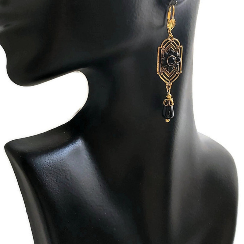 Boucles d'Oreilles Vintage en Cristaux Noirs Suspendus Or