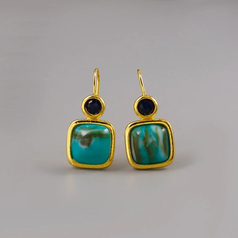 Boucles d'oreilles gouttes turquoise et lapis lazuli plaqué or