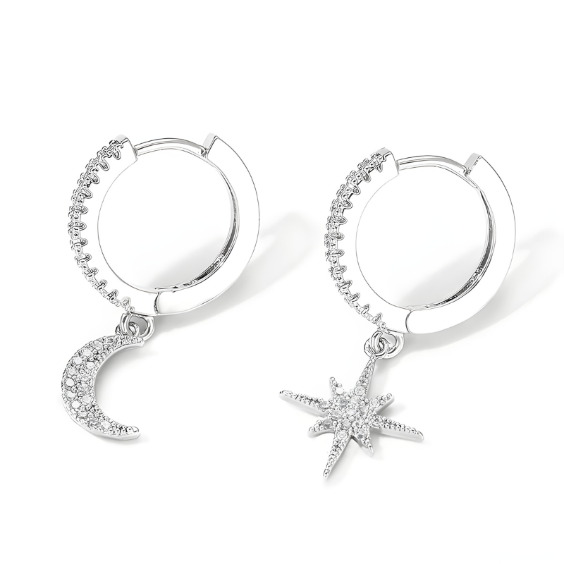 Boucles d'Oreilles en Hoops avec Étoile et Lune en Zircon