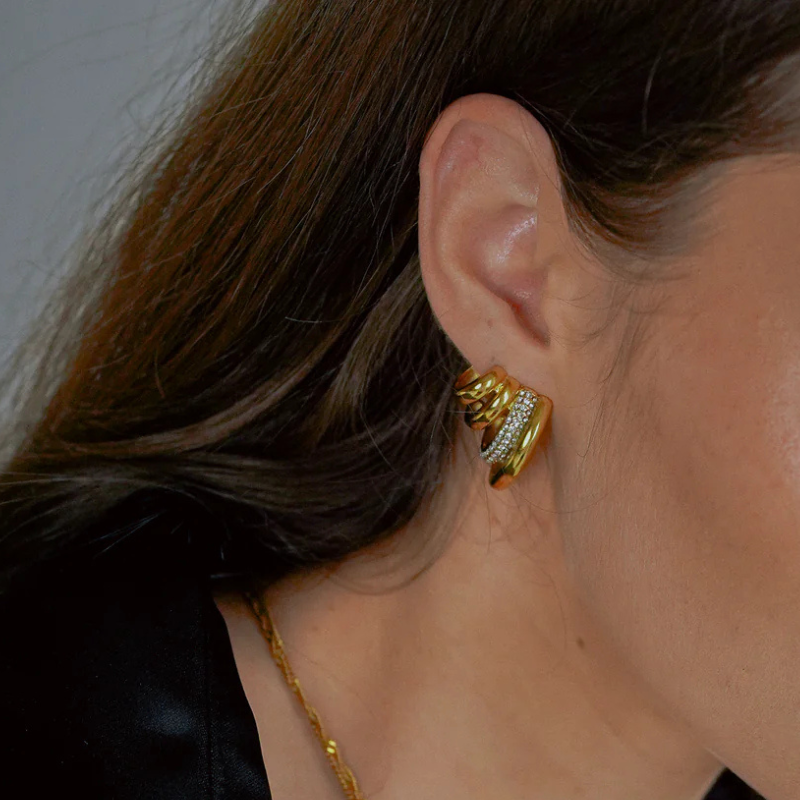 Boucles d'oreilles créoles triple couche zircon plaqué or
