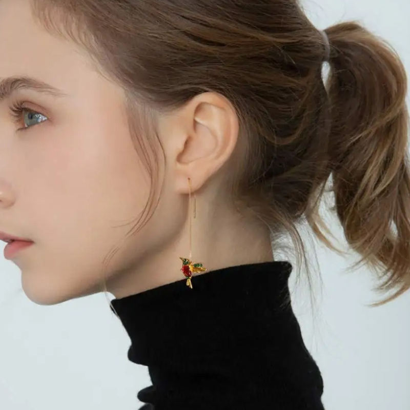Boucles d'oreilles Pendantes Colibri en émail avec Zircon