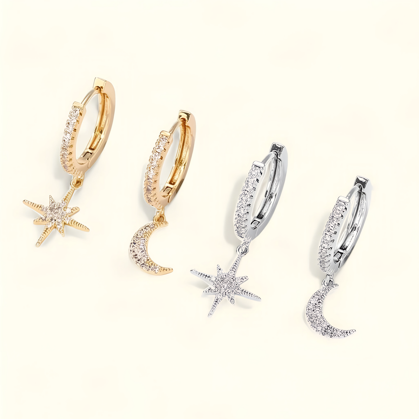 Boucles d'Oreilles en Hoops avec Étoile et Lune en Zircon