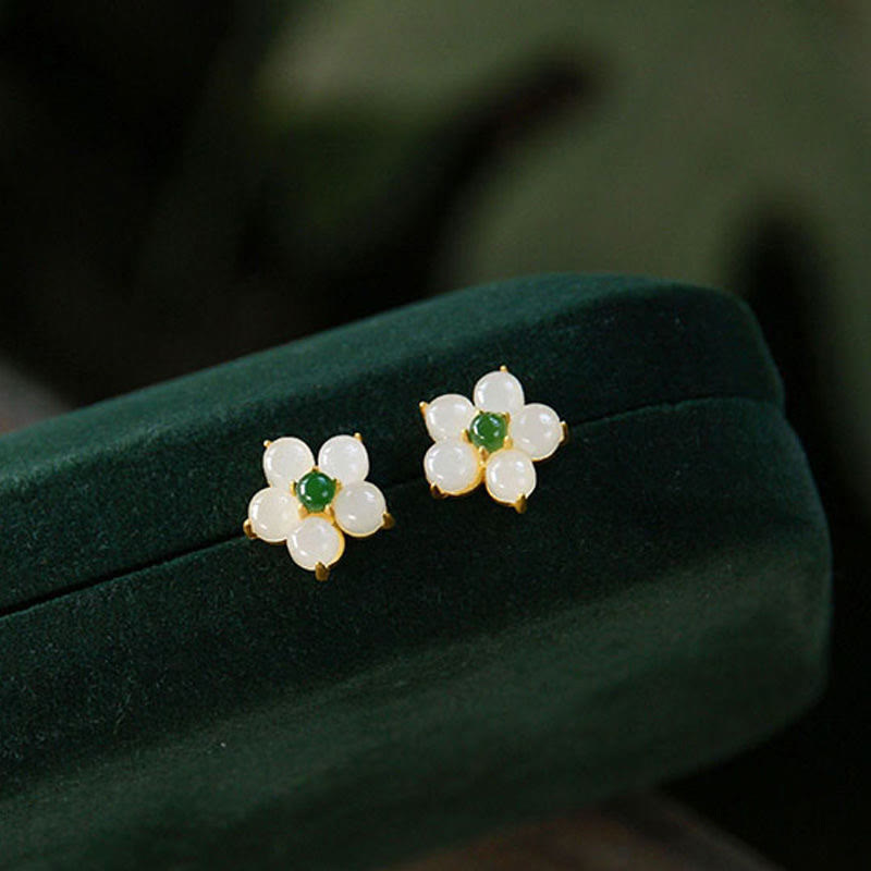Clous d’oreilles fleur jade blanc vert plaqué or – Léo