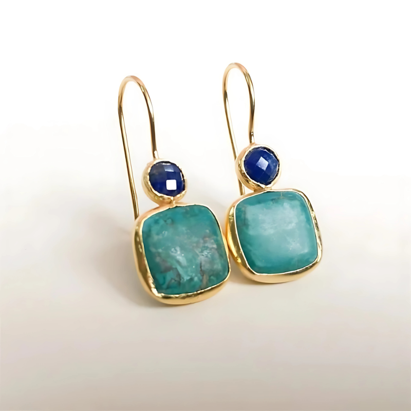 Boucles d'oreilles gouttes turquoise et lapis lazuli plaqué or