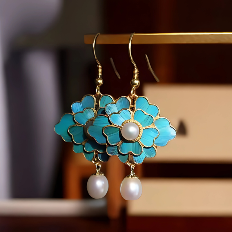 Boucles d'oreilles lotus bleues perles vintage plaqué or