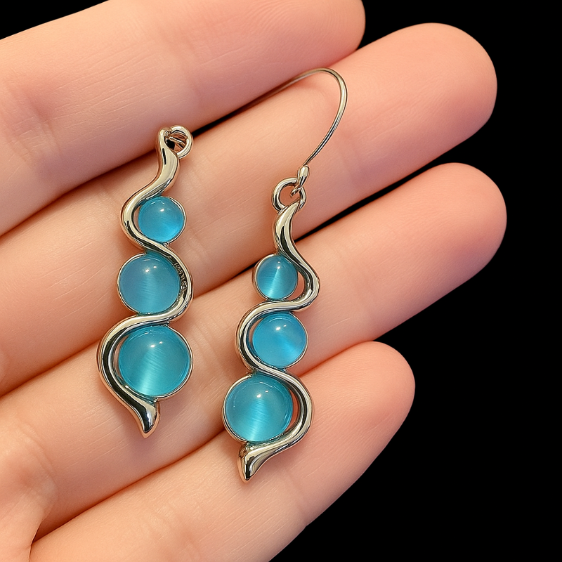 Boucles d'oreilles Pendantes en Forme de Vague avec Pierre Bleue