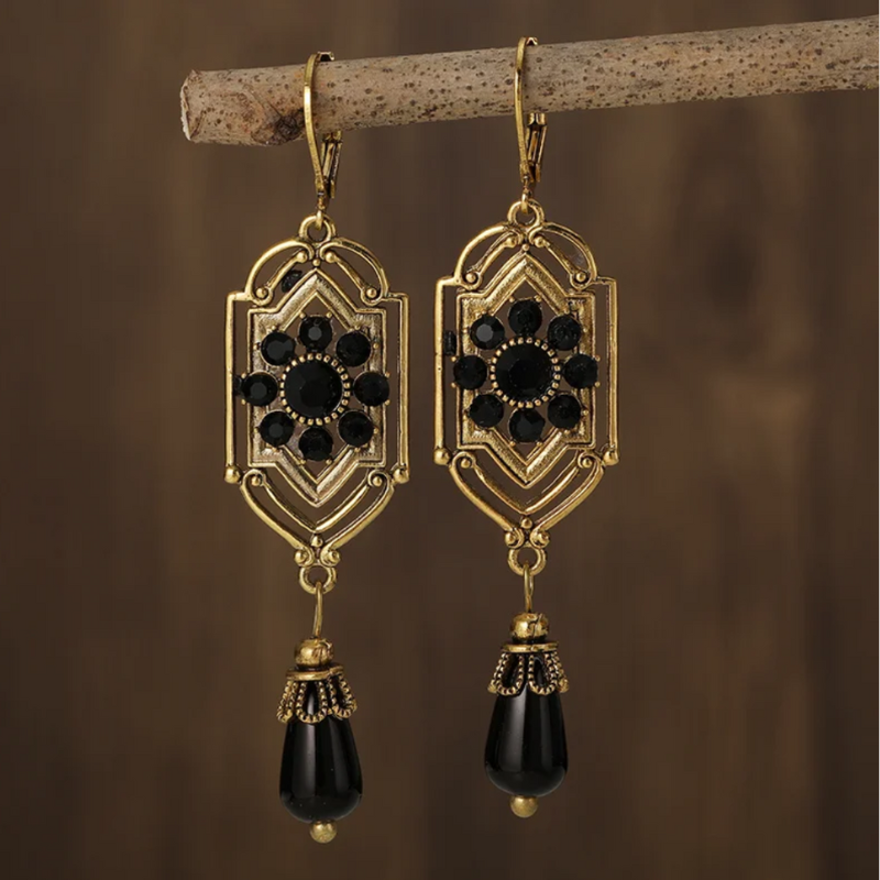Boucles d'Oreilles Vintage en Cristaux Noirs Suspendus Or