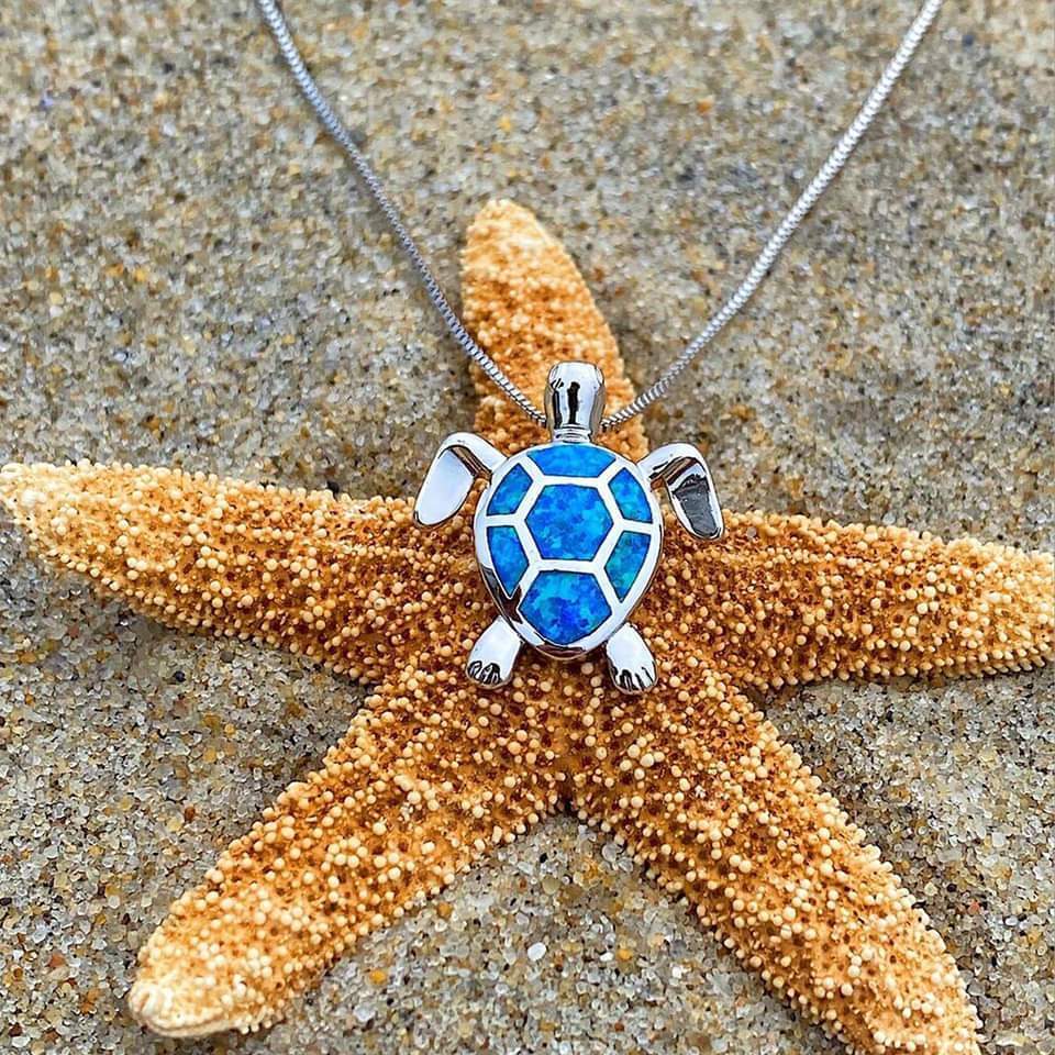 Collier et boucles d’oreilles tortue argent opale bleue – Léo