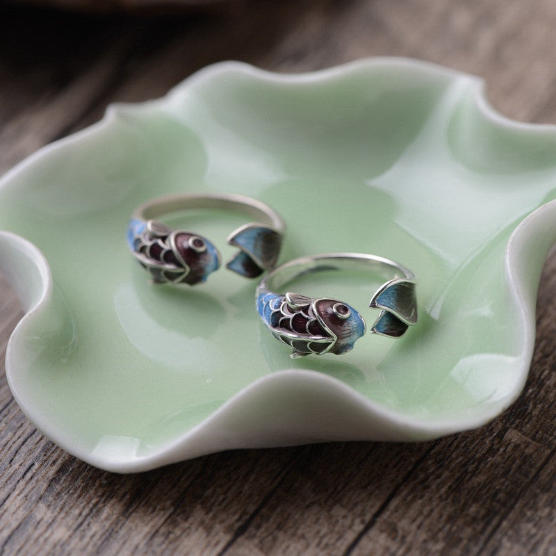 Bague ajustable poisson koi argent bleu marron – Léo