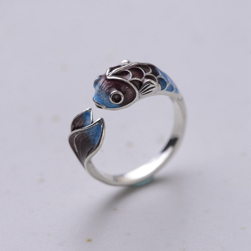 Bague ajustable poisson koi argent bleu marron – Léo