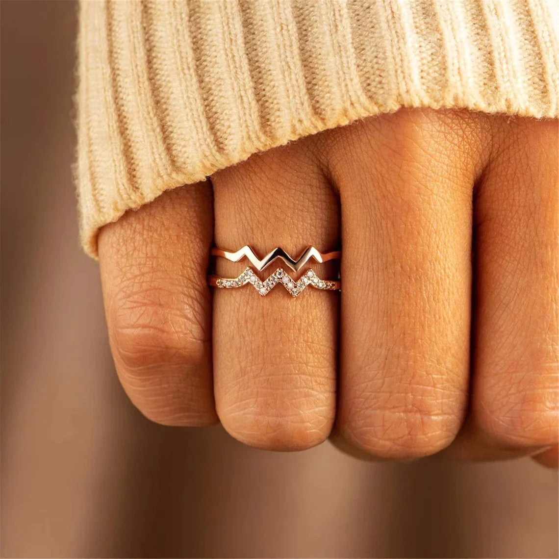 Bague ajustable doubles vagues plaqué or zircon – Léo