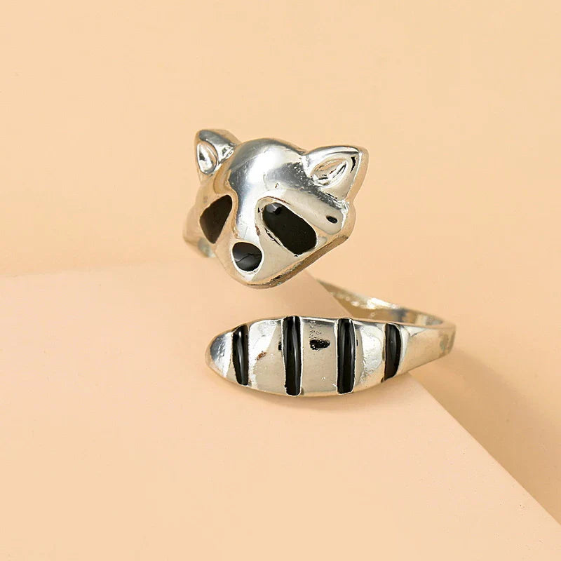 Bague ajustable raton laveur argent noir – Léo
