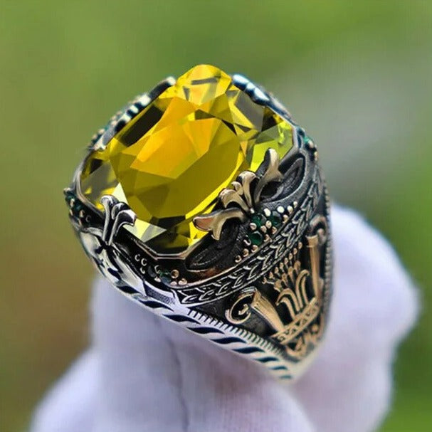 Bague pierre verte gravée argent doré – Léo