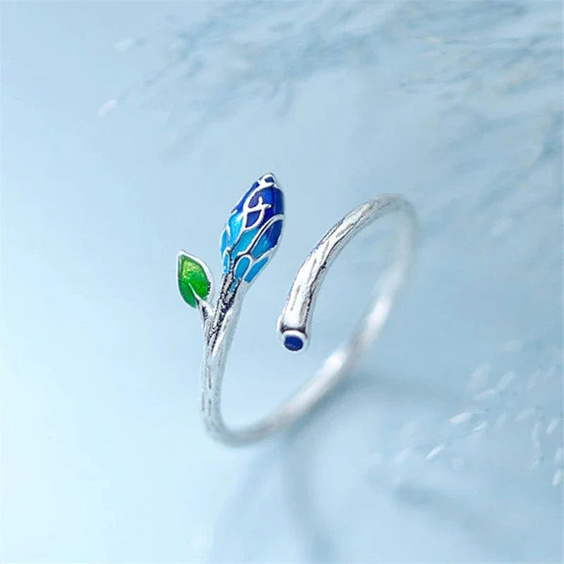 Bague feuilles émaillée argent bleu-vert – Léo
