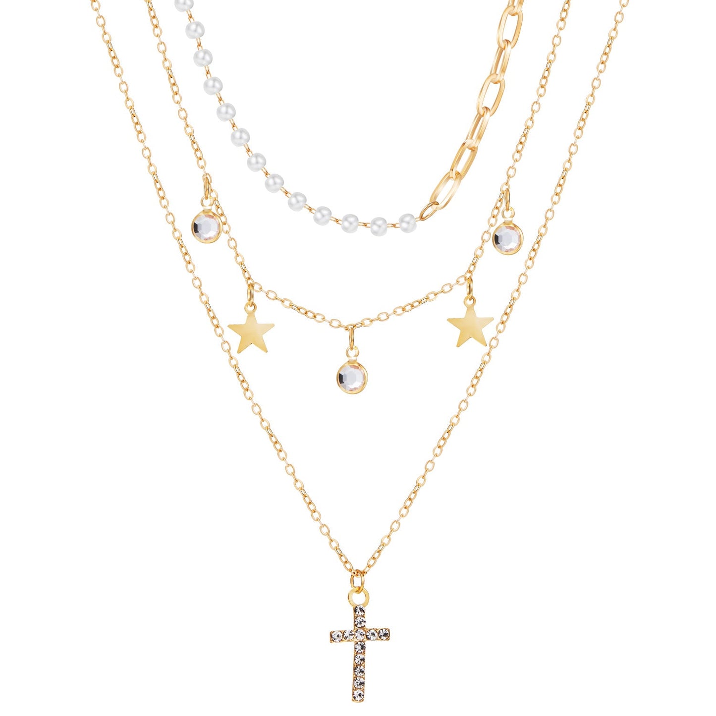 Colliers chaînes dorées pendentifs perles étoiles zircon – Léo