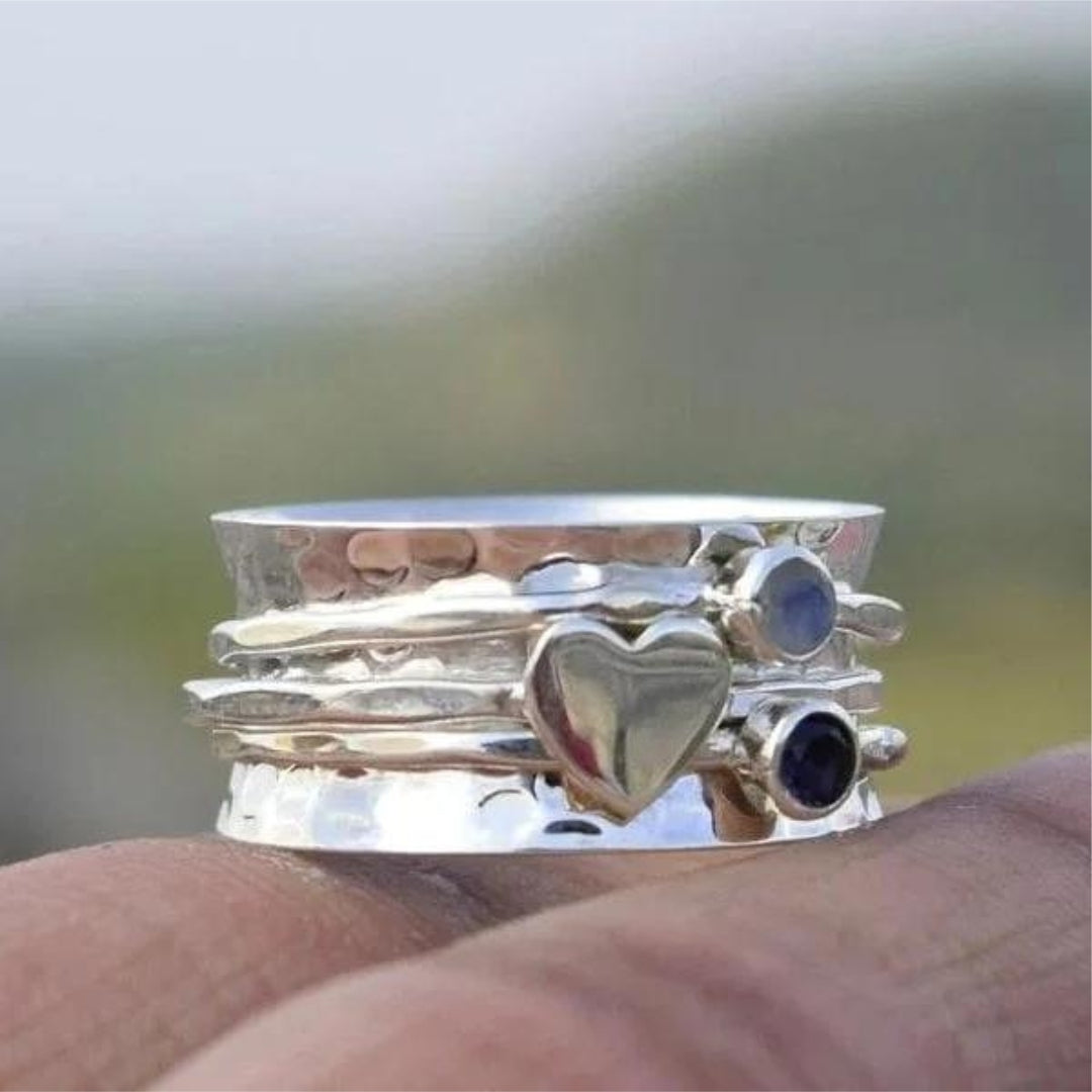 Bague anneaux cœur argent pierres colorées – Léo
