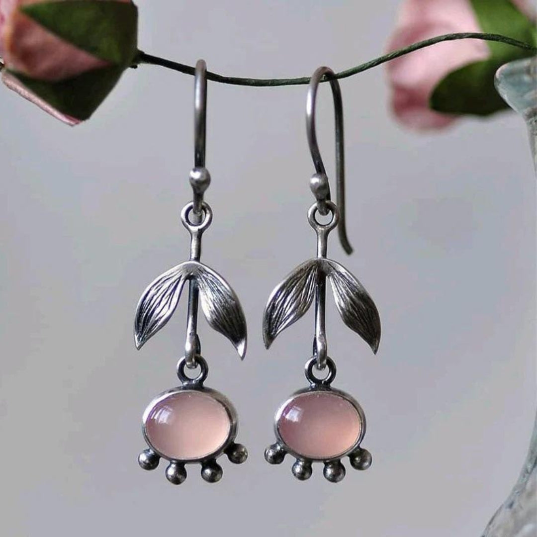 Boucles d’oreilles pendantes argent quartz rose feuilles – Léa