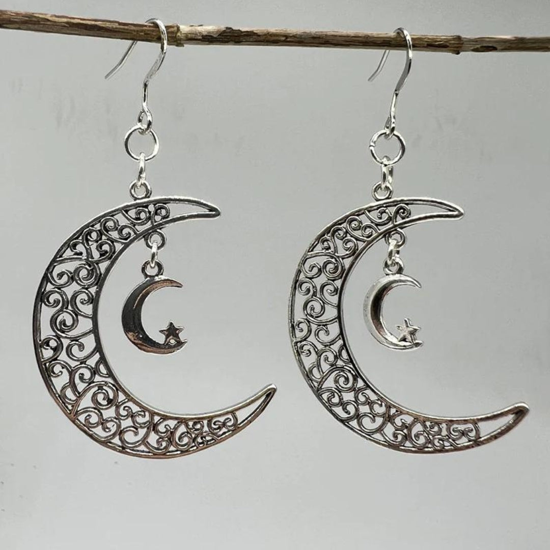 Boucles d’oreilles pendantes croissant lune argent ajouré – Lila