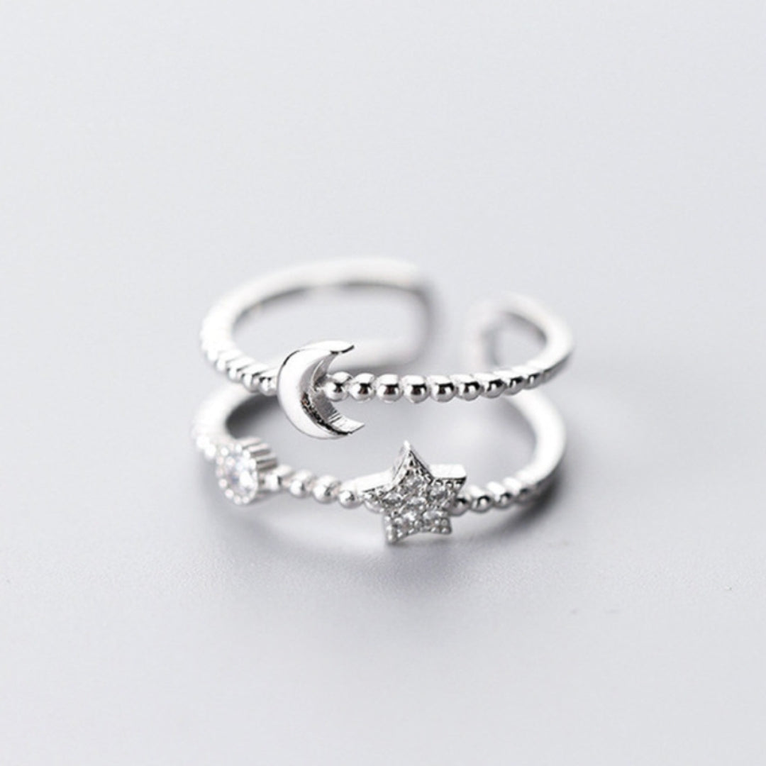 Bague ajustable lune étoile argent sertie – Léo