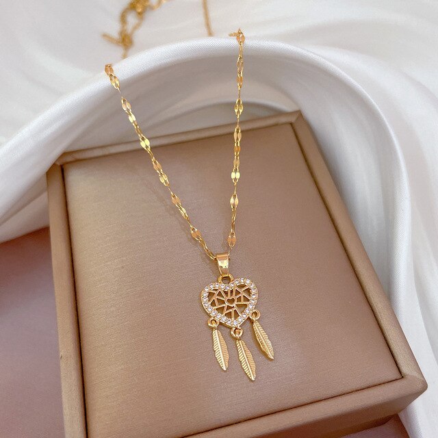 Collier pendentif cœur feuilles ajouré or zirconias – Lila