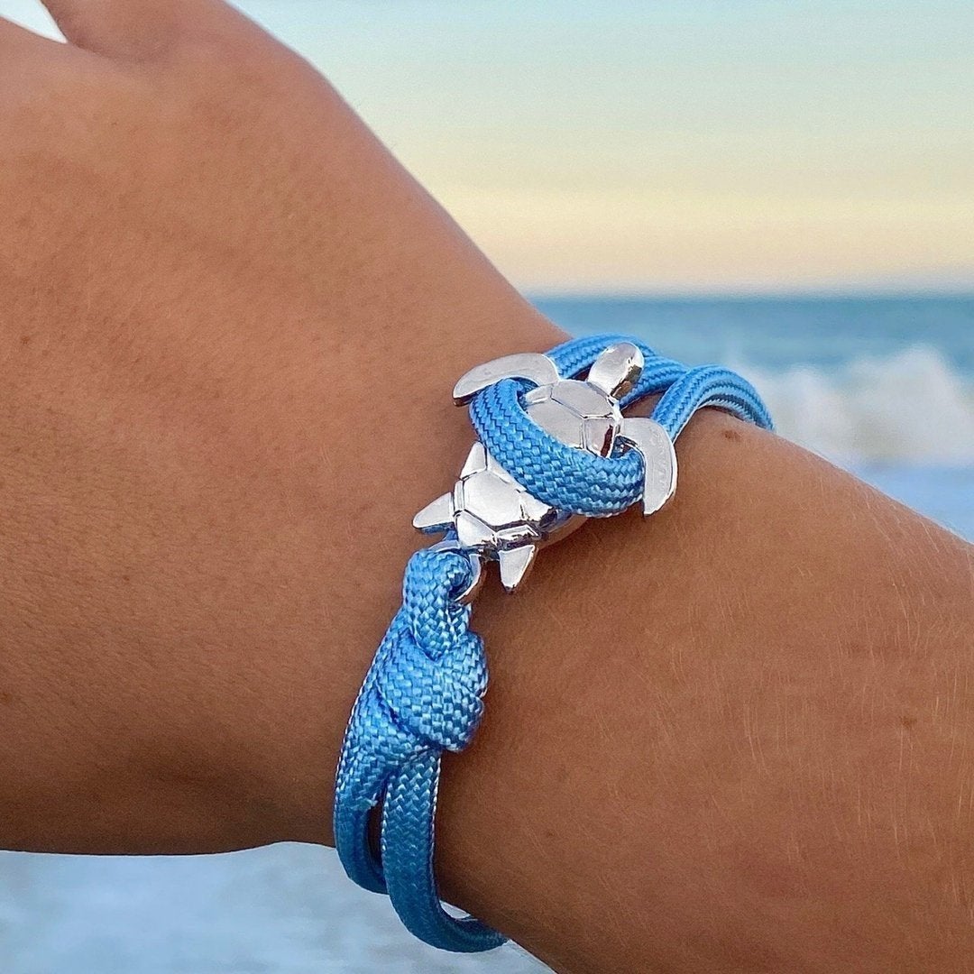 Bracelet corde tressée bleu tortue argent – Léo