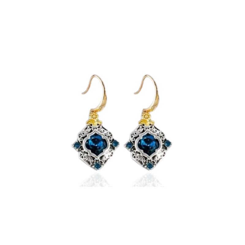 Boucles d'oreilles à Crochet en Plaqué or avec Cristaux Bleus