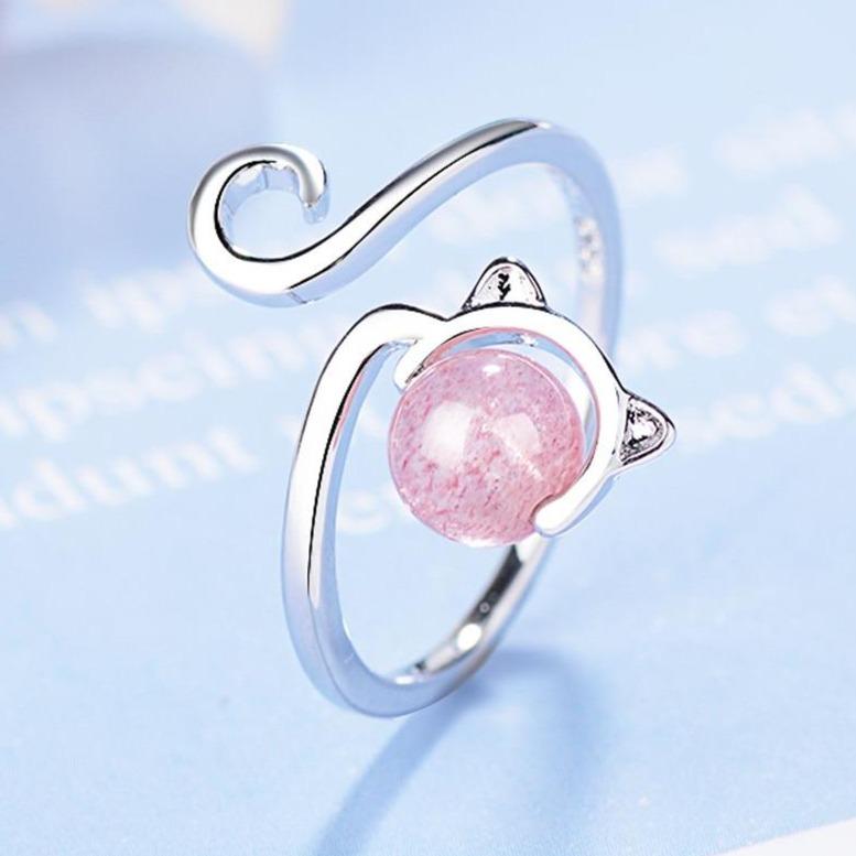 Bague chat argent agate rose – Léo