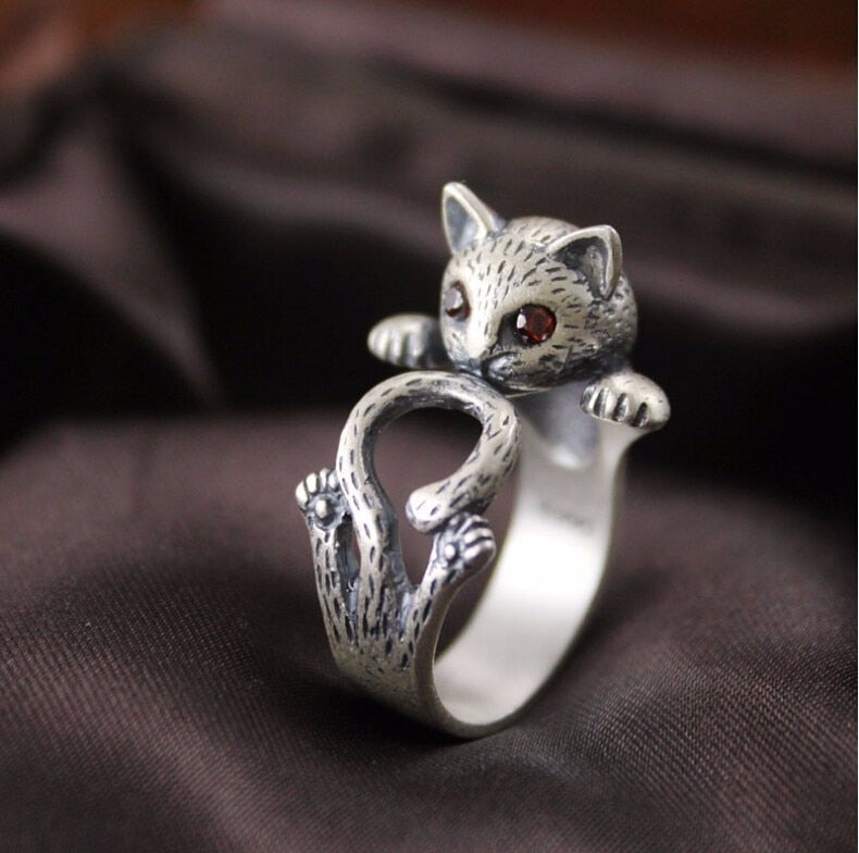 Bague ajustable chat peint main argent yeux rouges – Léo